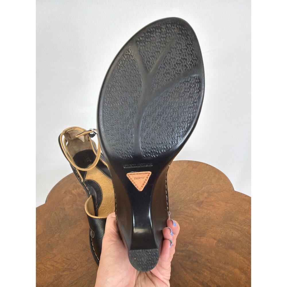 Born Black Leather Peep Toe Sandals Tan Piping Contrast Stitch Heel Size 10 - Picture 10 of 11